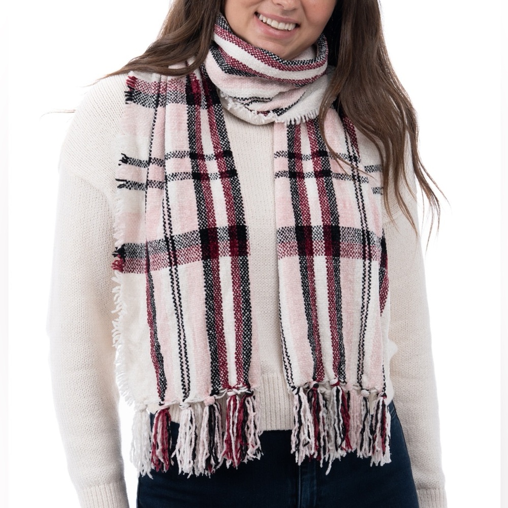 Style & Co Scarf Chenille Plaid Fringe-Trim - Black Red NWT